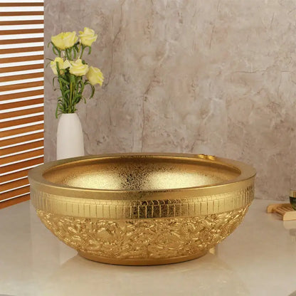 Floral embossed golden ceramic washbasin and brass mixer faucet bathroom set