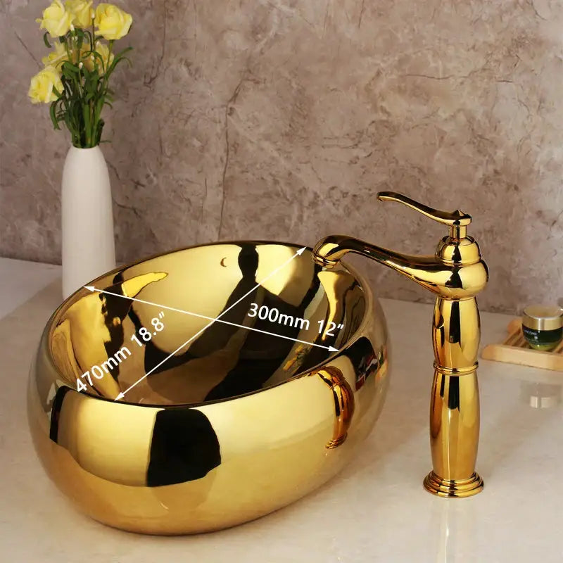 Floral embossed golden ceramic washbasin and brass mixer faucet bathroom set