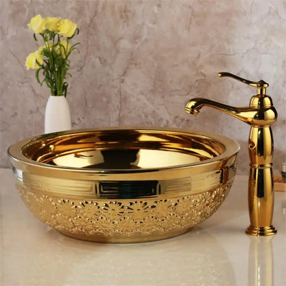 Floral embossed golden ceramic washbasin and brass mixer faucet bathroom set