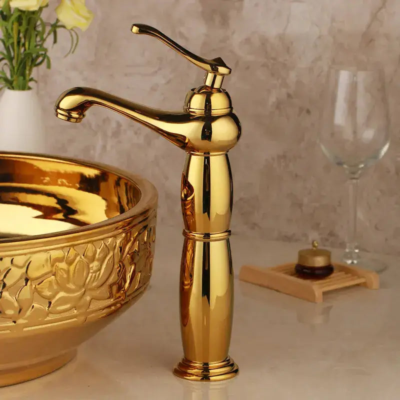 Floral embossed golden ceramic washbasin and brass mixer faucet bathroom set
