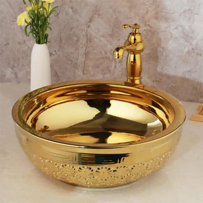 Floral embossed golden ceramic washbasin and brass mixer faucet bathroom set
