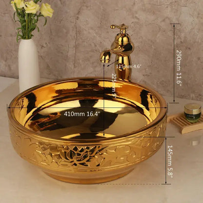 Floral embossed golden ceramic washbasin and brass mixer faucet bathroom set