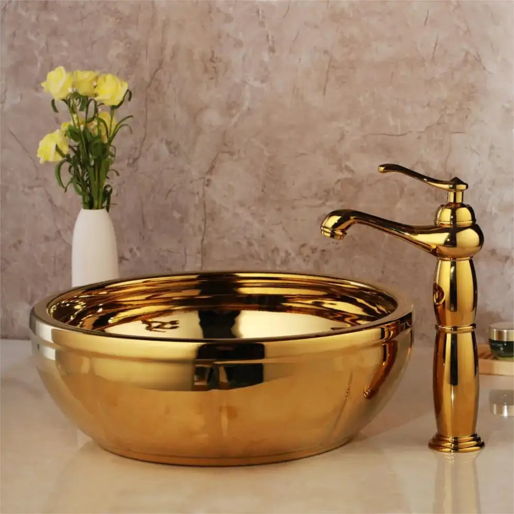 Floral embossed golden ceramic washbasin and brass mixer faucet bathroom set