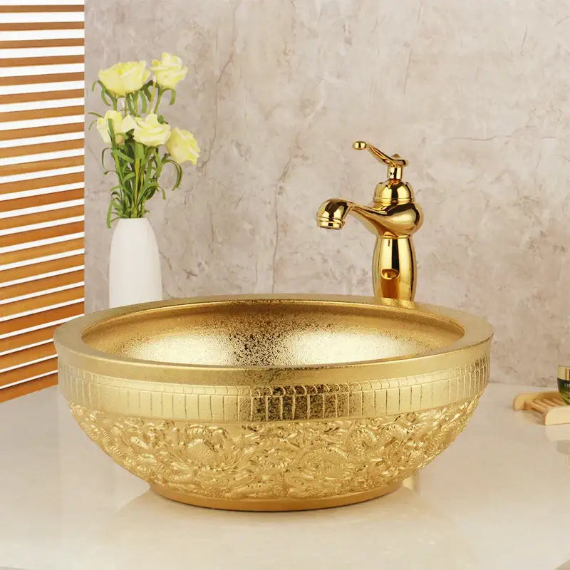 Floral embossed golden ceramic washbasin and brass mixer faucet bathroom set
