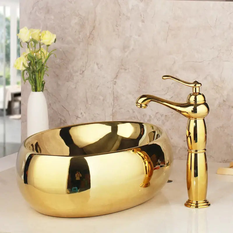 Floral embossed golden ceramic washbasin and brass mixer faucet bathroom set