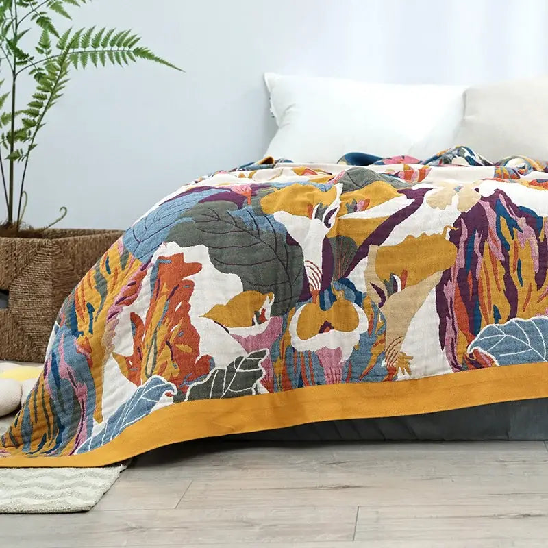 Floral embroidered cream & navy cozy gauze cotton throw bedroom blanket