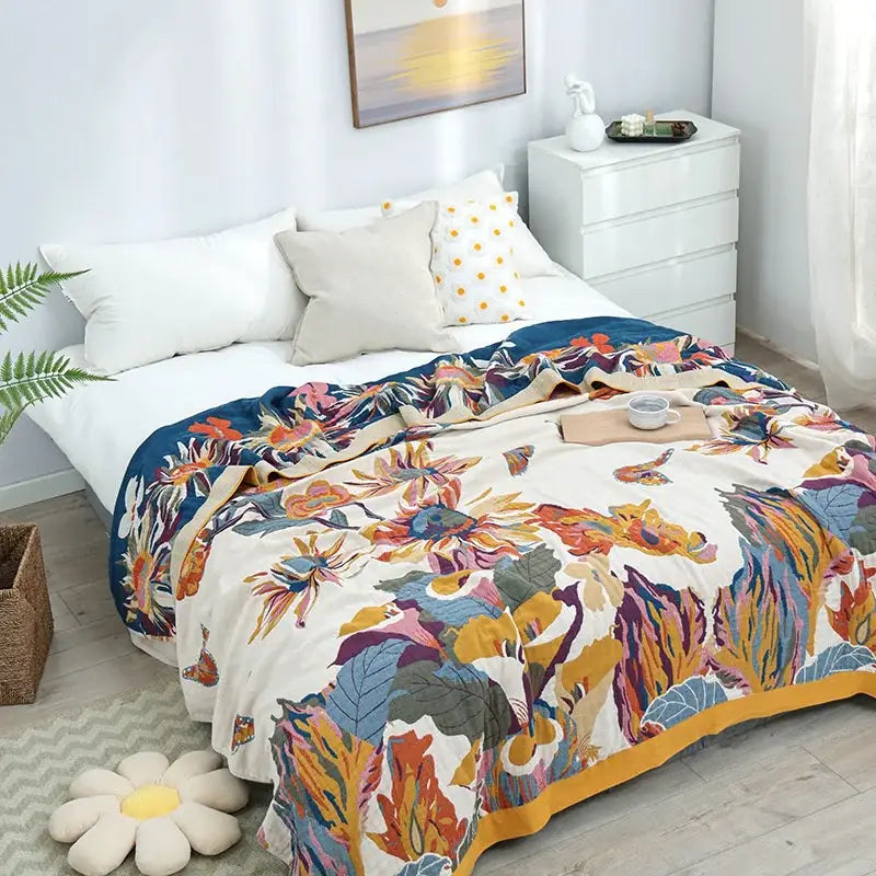 Floral embroidered cream & navy cozy gauze cotton throw bedroom blanket