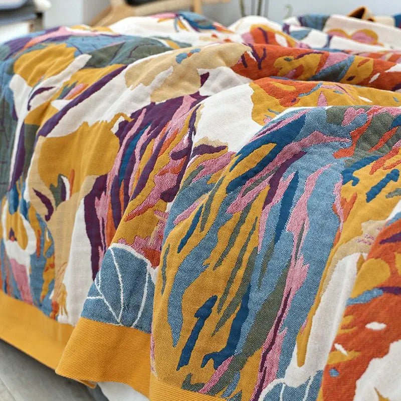 Floral embroidered cream & navy cozy gauze cotton throw bedroom blanket