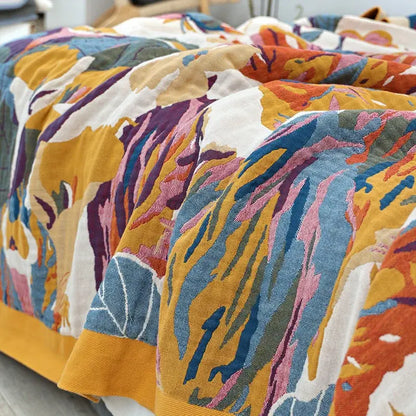 Floral embroidered cream & navy cozy gauze cotton throw bedroom blanket