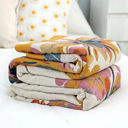 Floral embroidered cream & navy cozy gauze cotton throw bedroom blanket