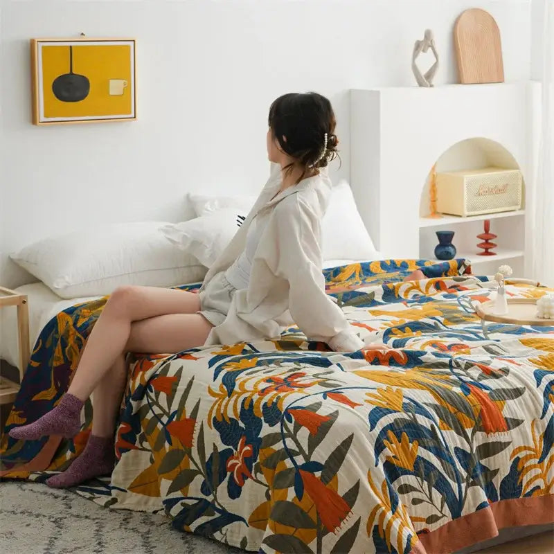Floral embroidered cream & navy cozy gauze cotton throw bedroom blanket