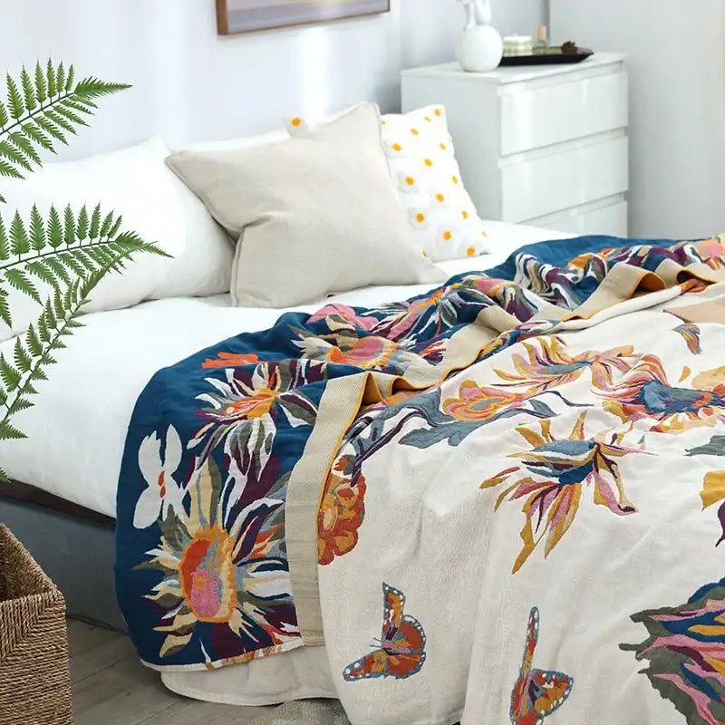 Floral embroidered cream & navy cozy gauze cotton throw bedroom blanket