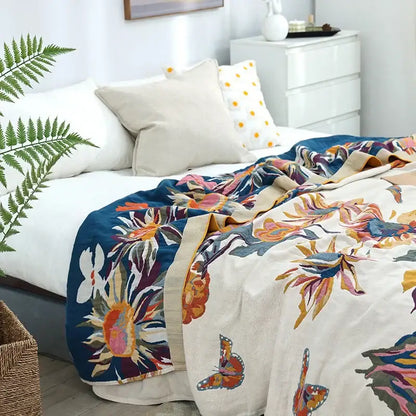 Floral embroidered cream & navy cozy gauze cotton throw bedroom blanket
