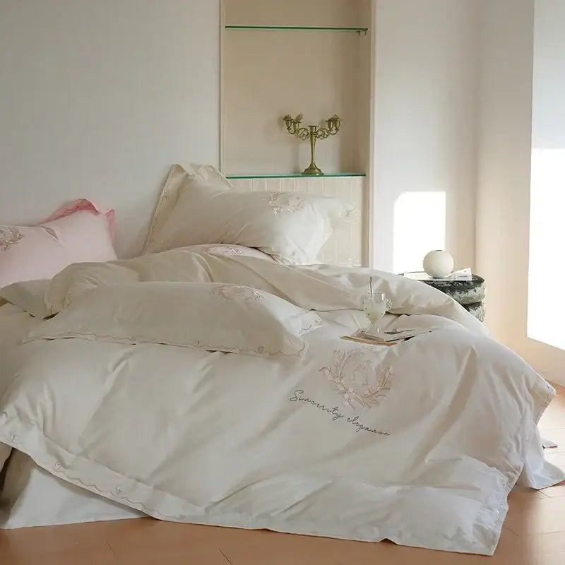 Floral embroidered cream satin duvet cover set bedroom decor