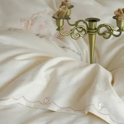 Floral embroidered cream satin duvet cover set bedroom decor