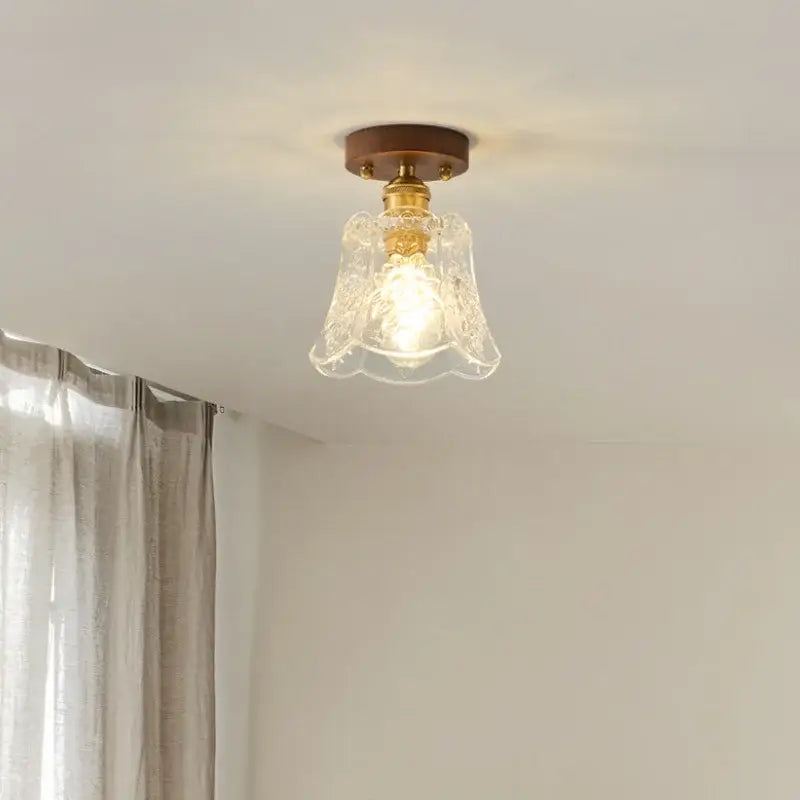 Floral etched glass led ceiling lamp brass & walnut living room