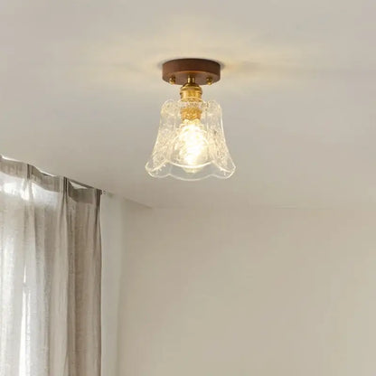 Floral etched glass led ceiling lamp brass & walnut living room