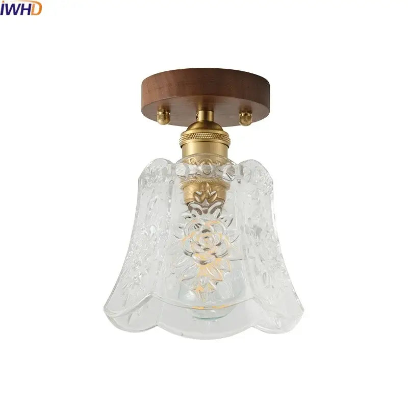 Floral etched glass led ceiling lamp brass & walnut living room