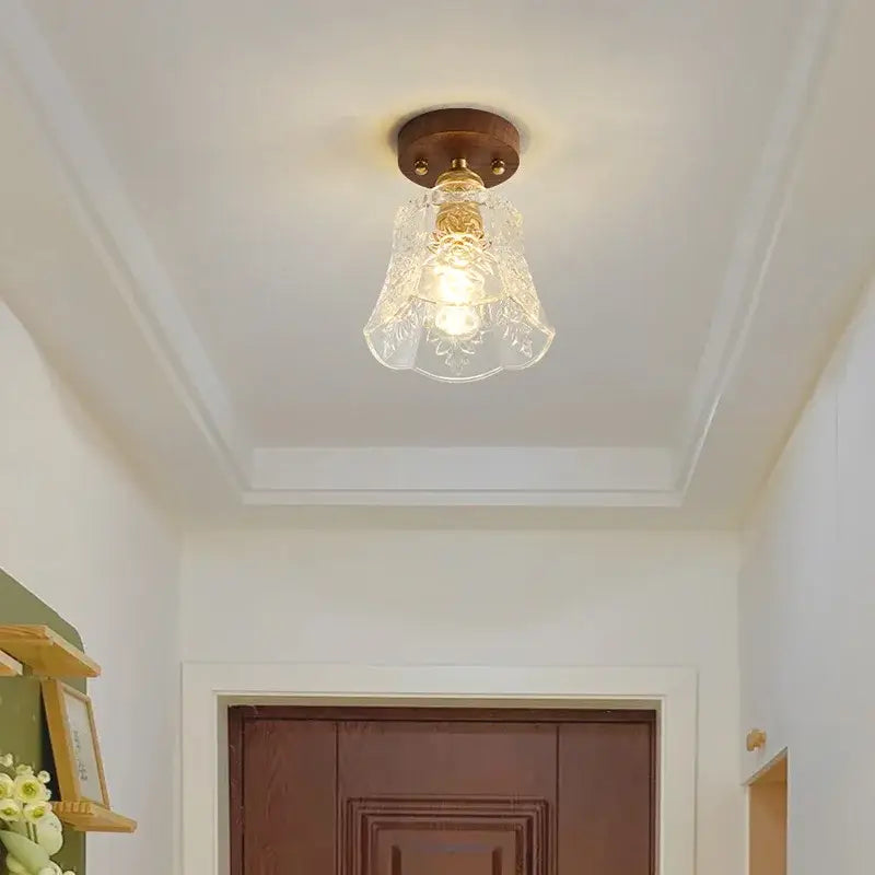 Floral etched glass led ceiling lamp brass & walnut living room