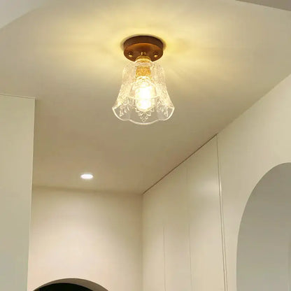 Floral etched glass led ceiling lamp brass & walnut living room