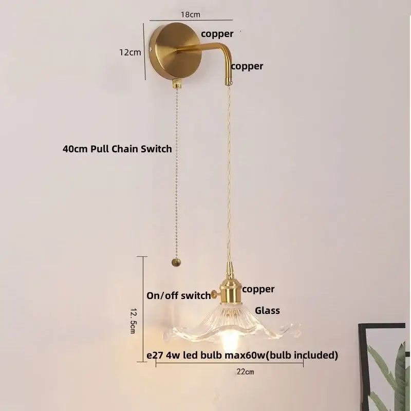 Floral glass copper led wall sconce bathroom light