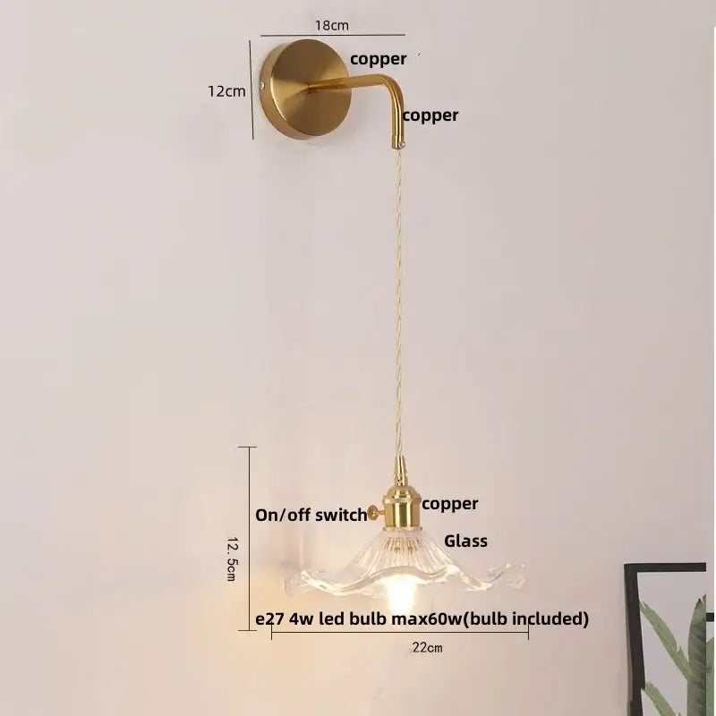 Floral glass copper led wall sconce bathroom light