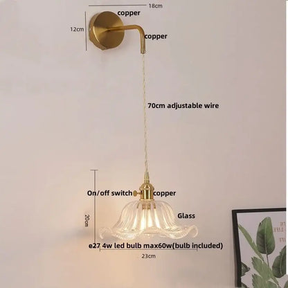 Floral glass copper led wall sconce bathroom light