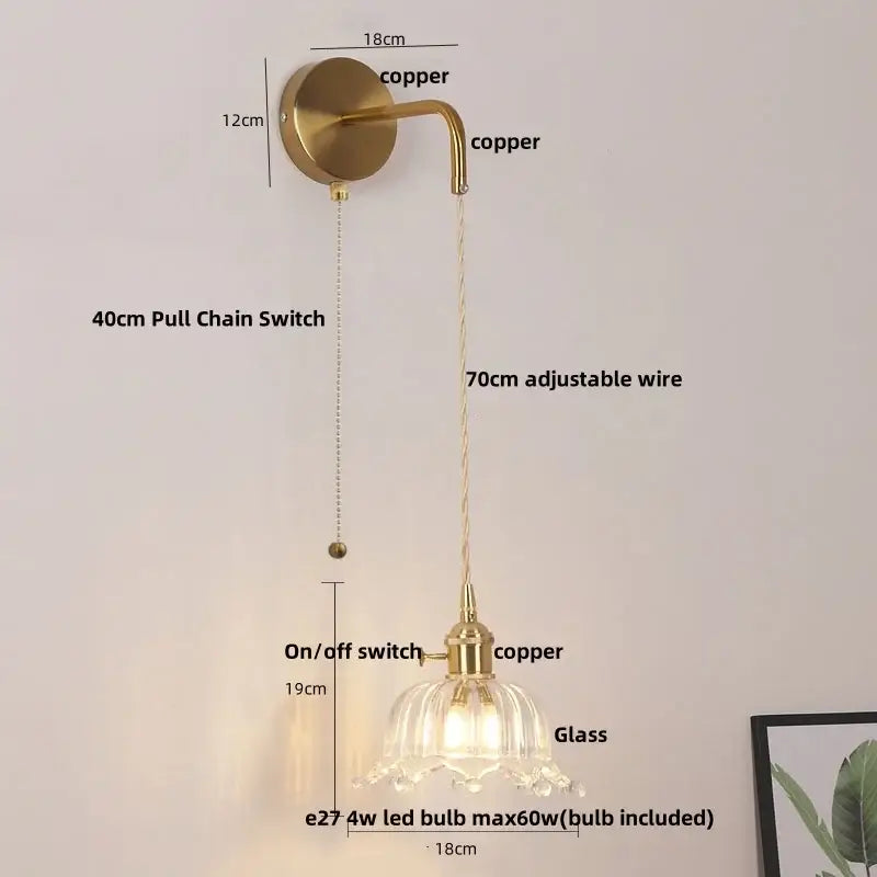 Floral glass copper led wall sconce bathroom light