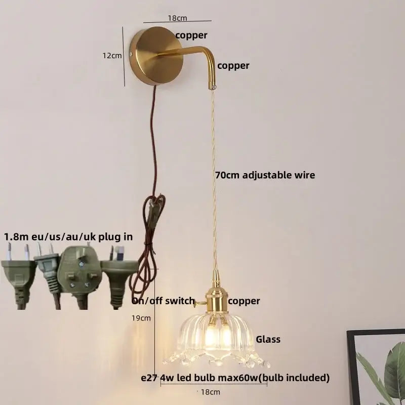 Floral glass copper led wall sconce bathroom light