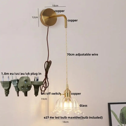 Floral glass copper led wall sconce bathroom light