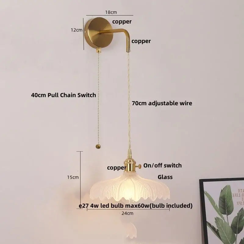 Floral glass copper led wall sconce bathroom light