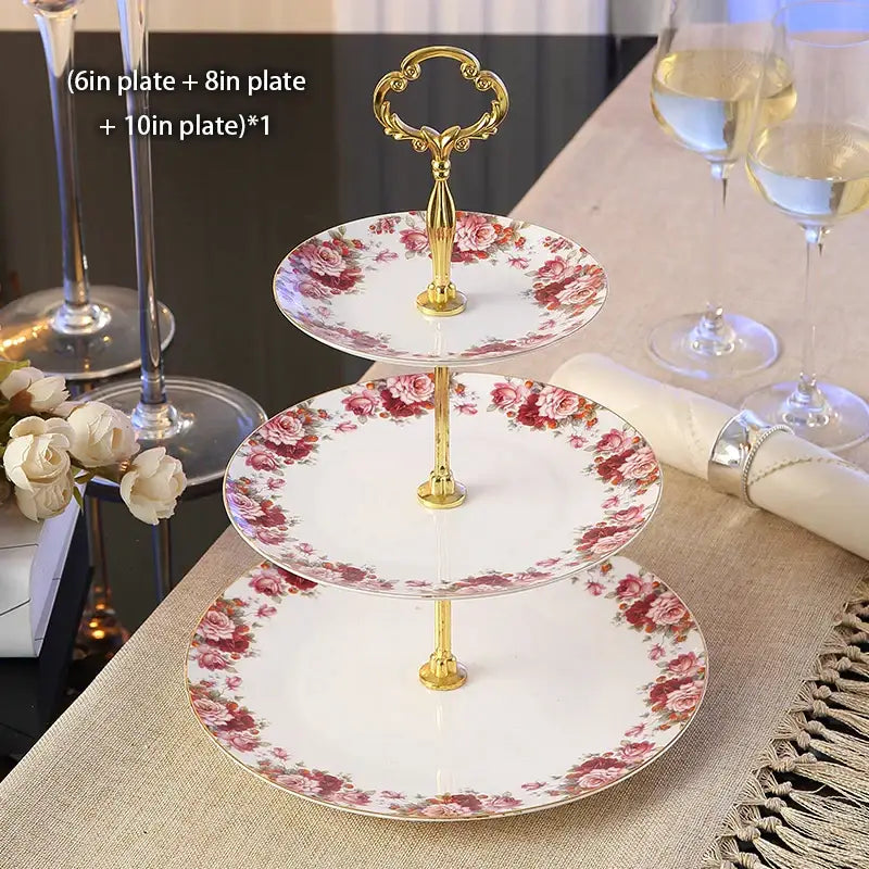 Floral gold bone china fruit plates set dining room tiered stand
