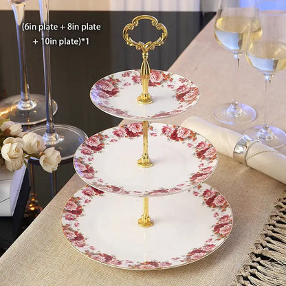 Floral gold bone china fruit plates set dining room tiered stand
