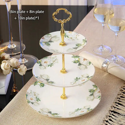 Floral gold bone china fruit plates set dining room tiered stand