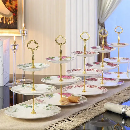 Floral gold bone china fruit plates set dining room tiered stand