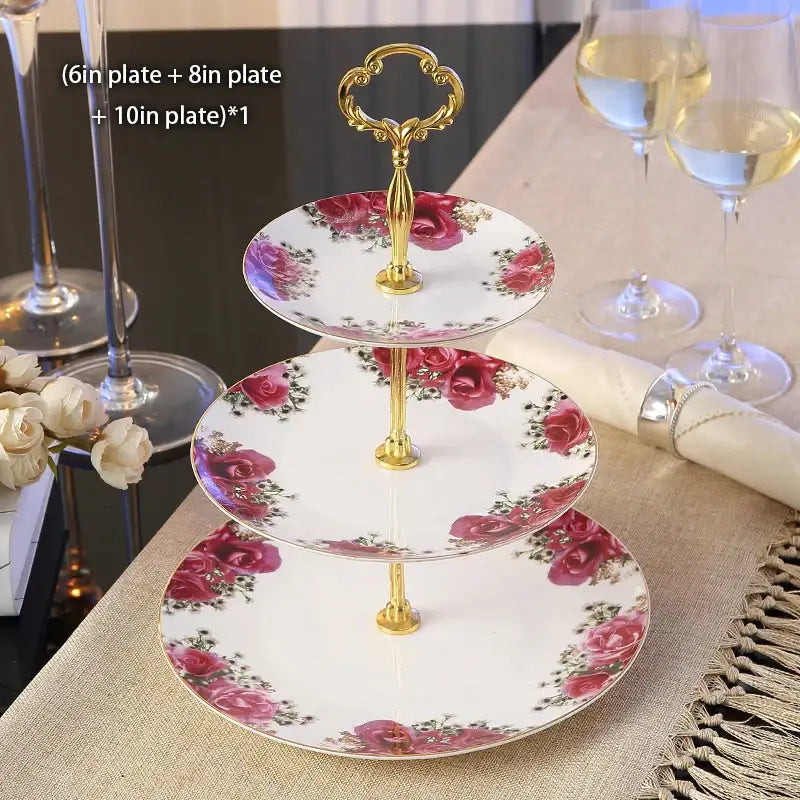 Floral gold bone china fruit plates set dining room tiered stand