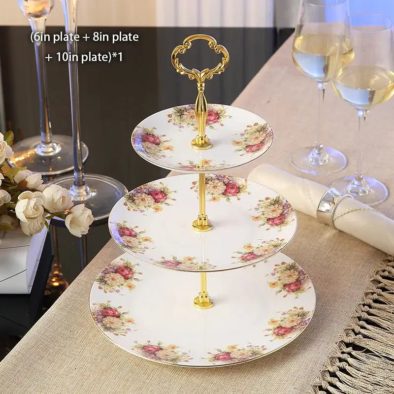 Floral gold bone china fruit plates set dining room tiered stand