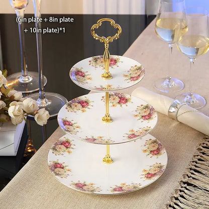 Floral gold bone china fruit plates set dining room tiered stand