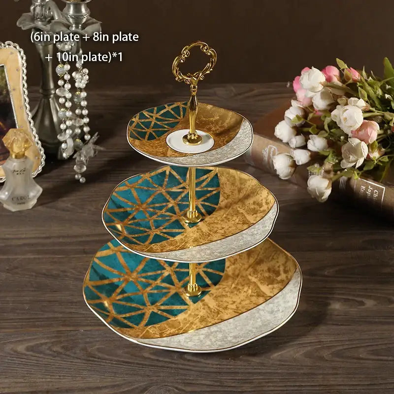 Floral gold bone china fruit plates set dining room tiered stand