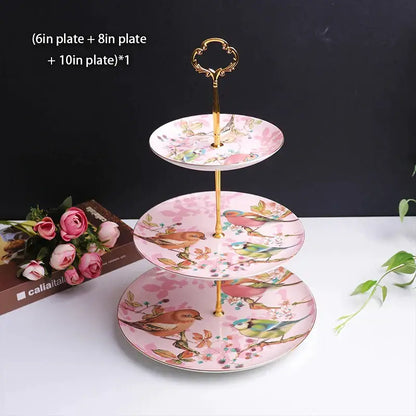 Floral gold bone china fruit plates set dining room tiered stand
