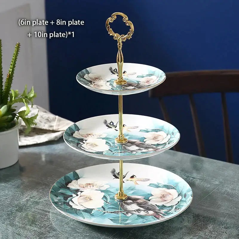 Floral gold bone china fruit plates set dining room tiered stand