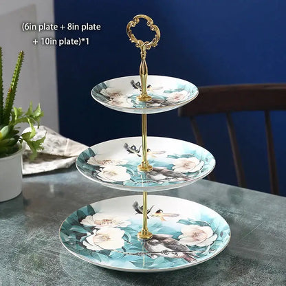 Floral gold bone china fruit plates set dining room tiered stand