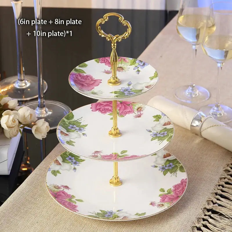 Floral gold bone china fruit plates set dining room tiered stand