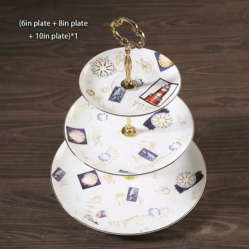 Floral gold bone china fruit plates set dining room tiered stand