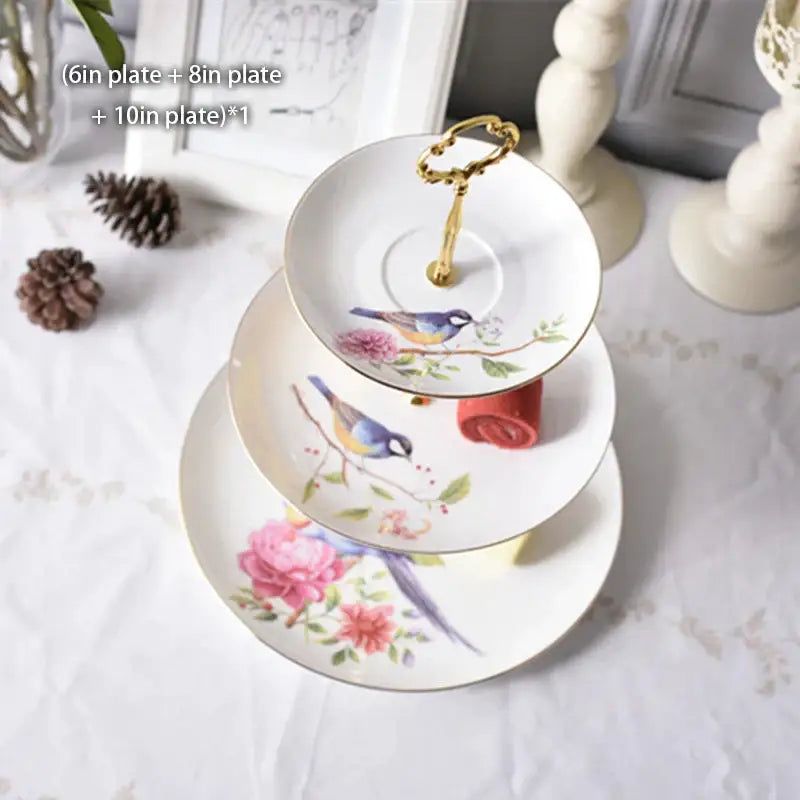 Floral gold bone china fruit plates set dining room tiered stand