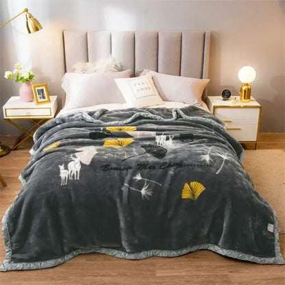 Floral gray & yellow cozy flocked raschel blanket bedroom bedding