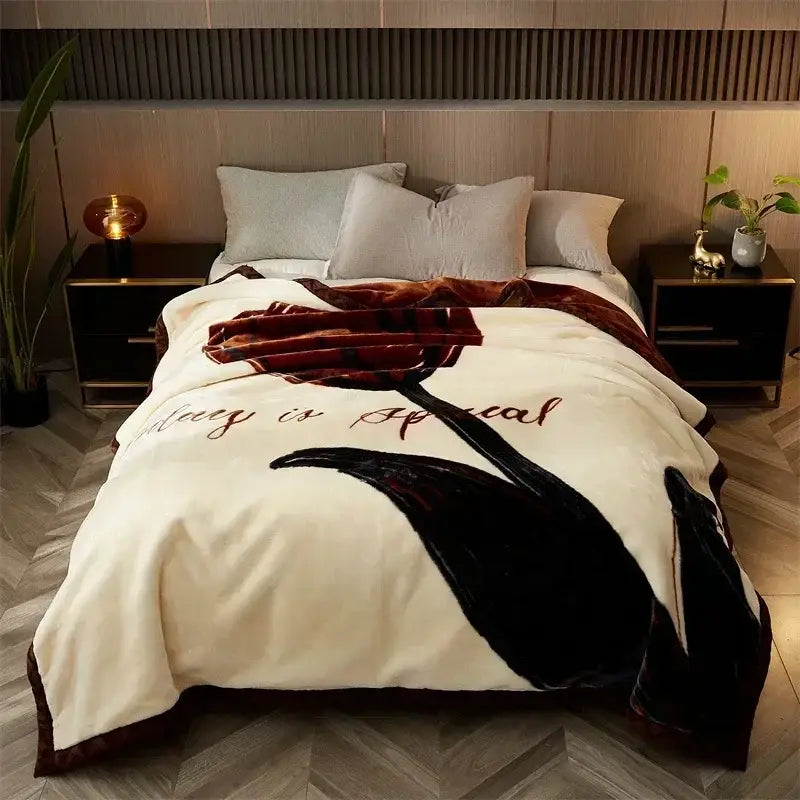 Floral gray & yellow cozy flocked raschel blanket bedroom bedding