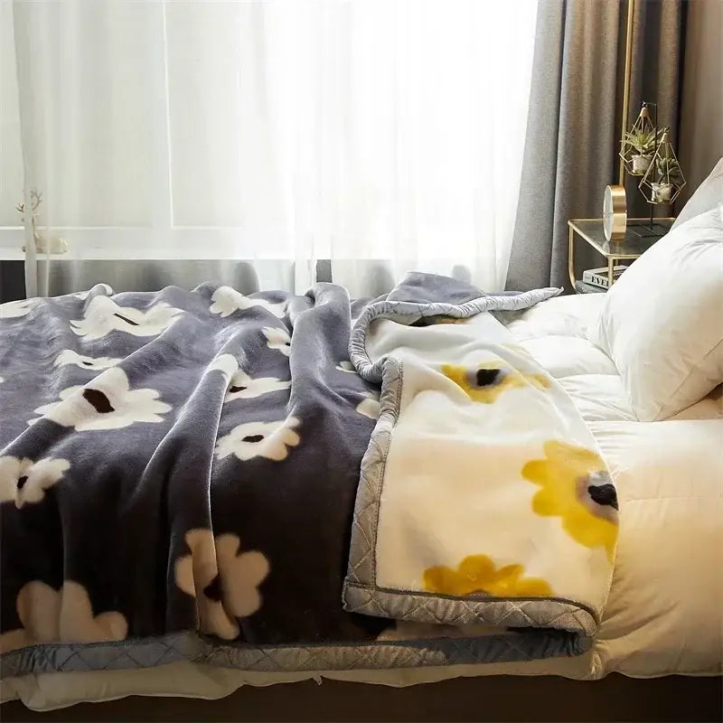 Floral gray & yellow cozy flocked raschel blanket bedroom bedding