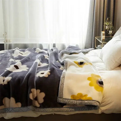 Floral gray & yellow cozy flocked raschel blanket bedroom bedding