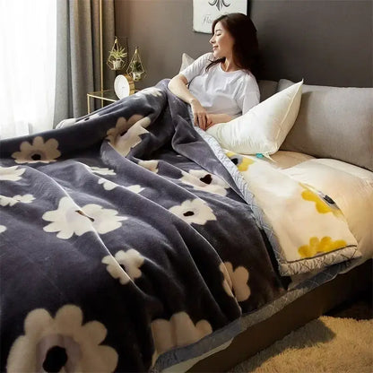 Floral gray & yellow cozy flocked raschel blanket bedroom bedding